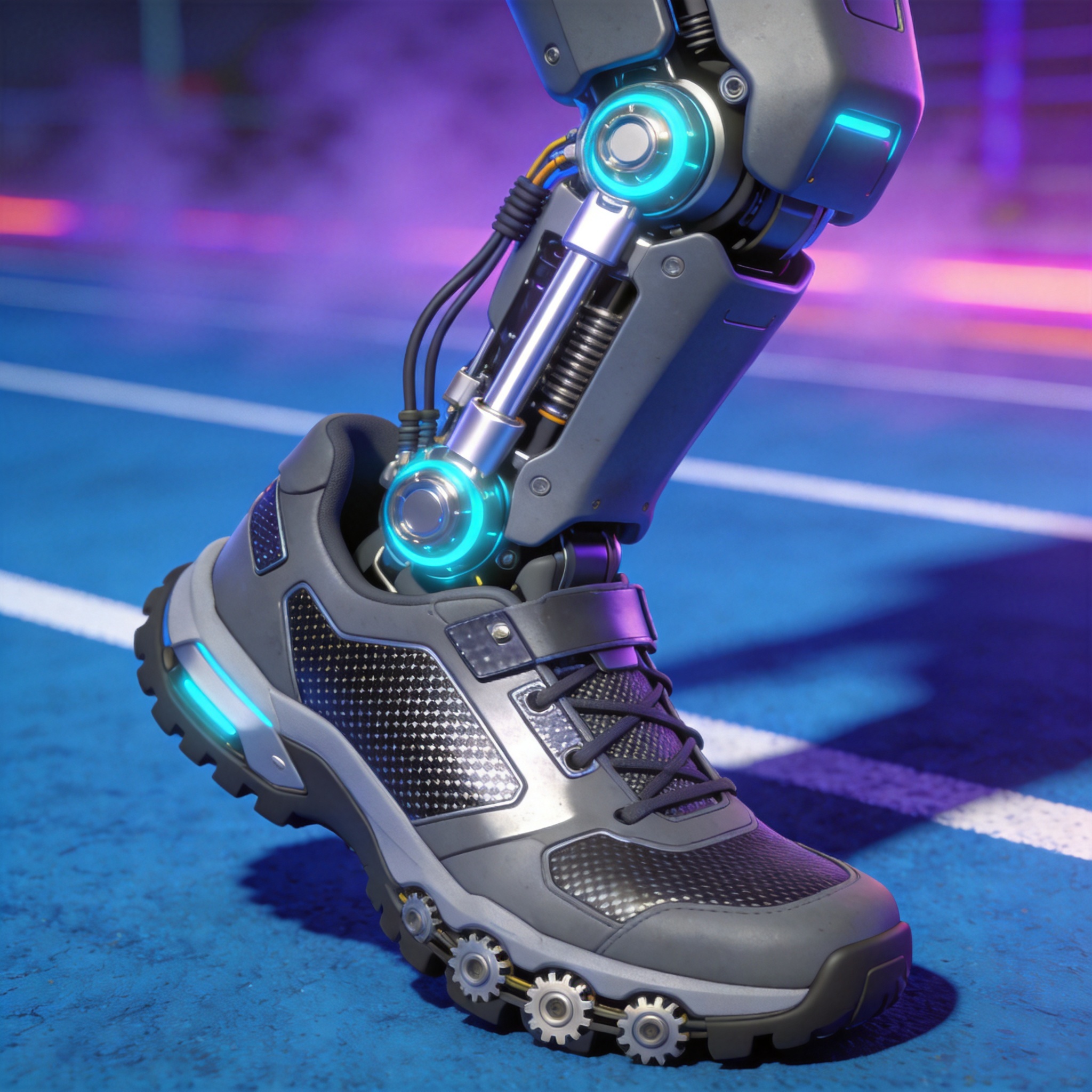 Close-up of a humanoid robot's foot and ankle hydraulic structure with high-grip rubber sole